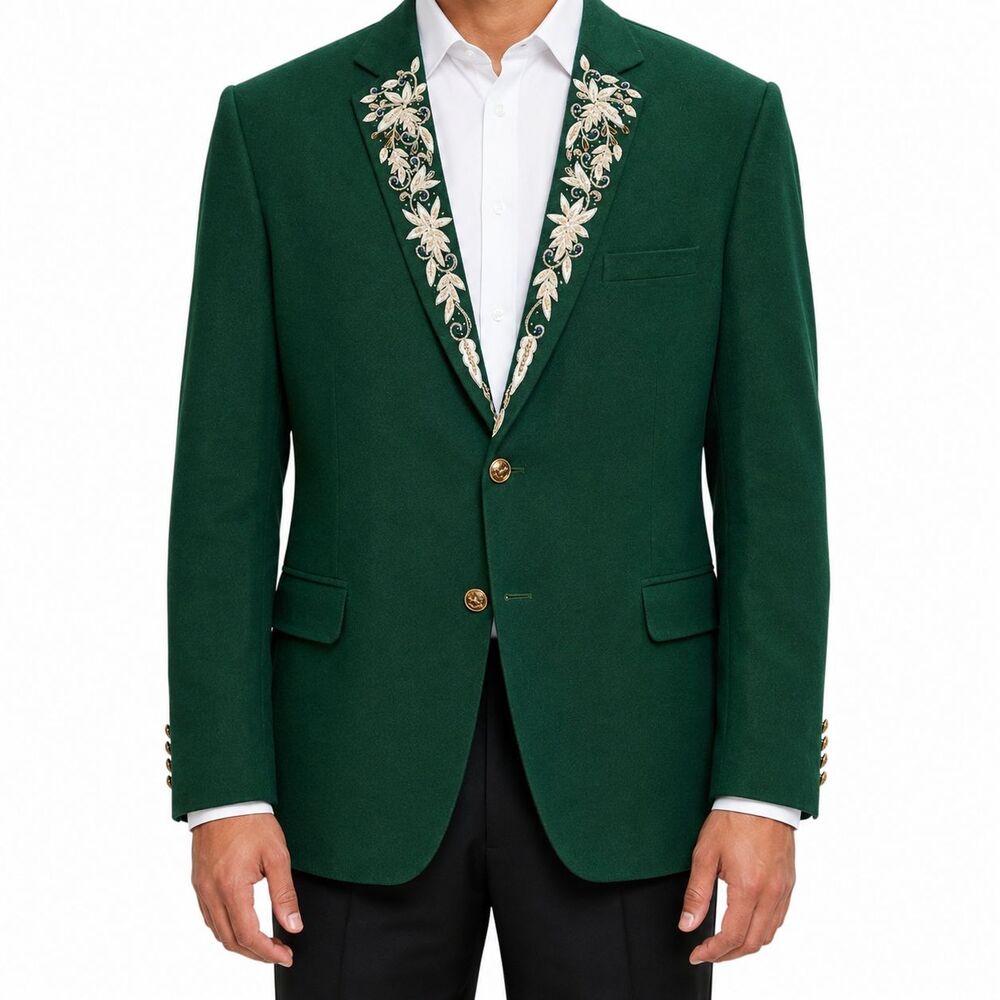 Mens 46R Green Lambswool Blazer Hand Embroidered Jeweled Lapel Wedding Tuxedo